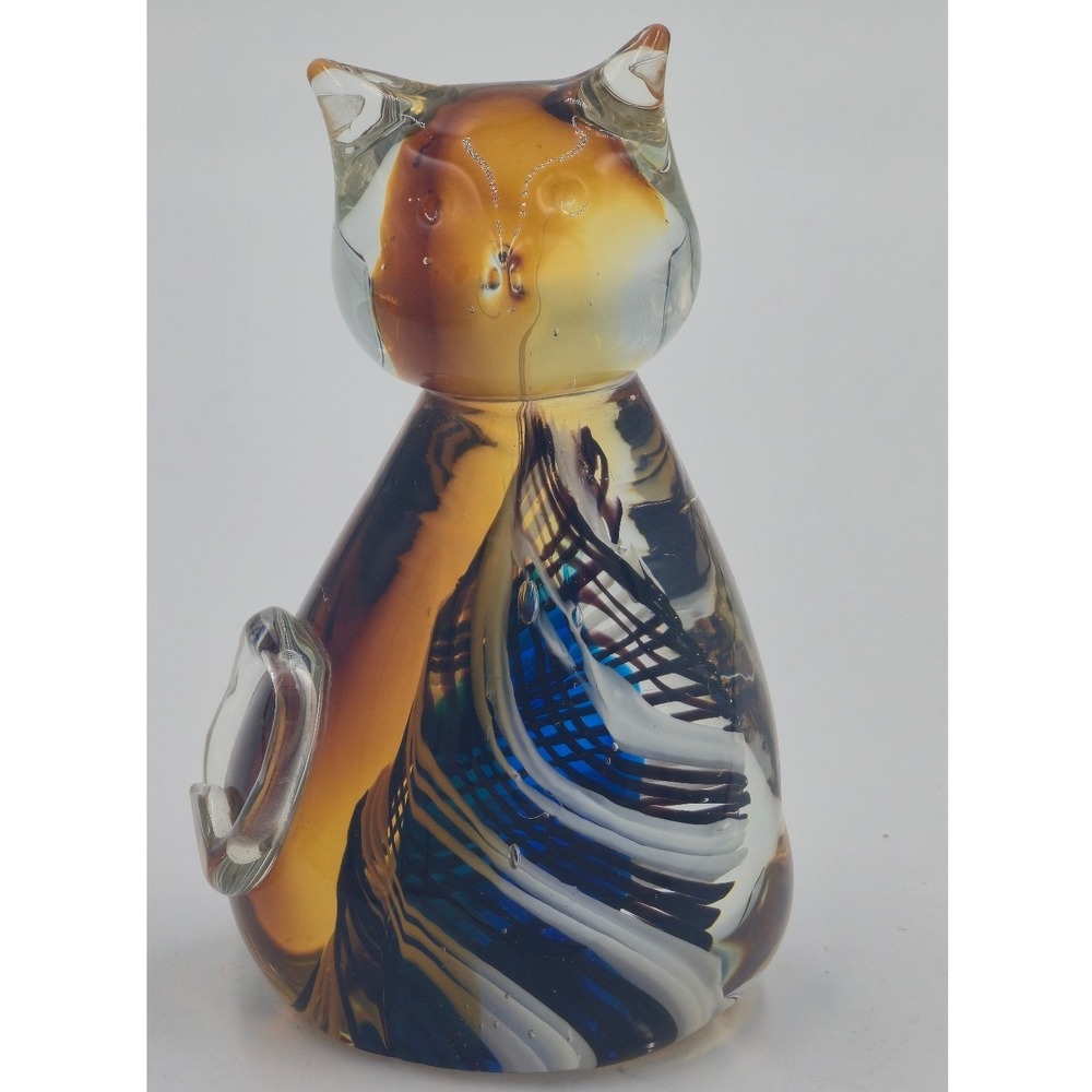 Vtg Murano Style Art Glass Cat Figure Amber Blue White Ribbon Swirl Paperweight